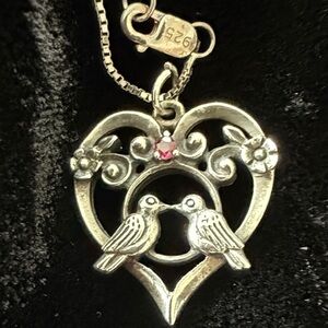 Silver Lovebirds in Heart Pendant & 18 Inch Chain Set With Ruby.